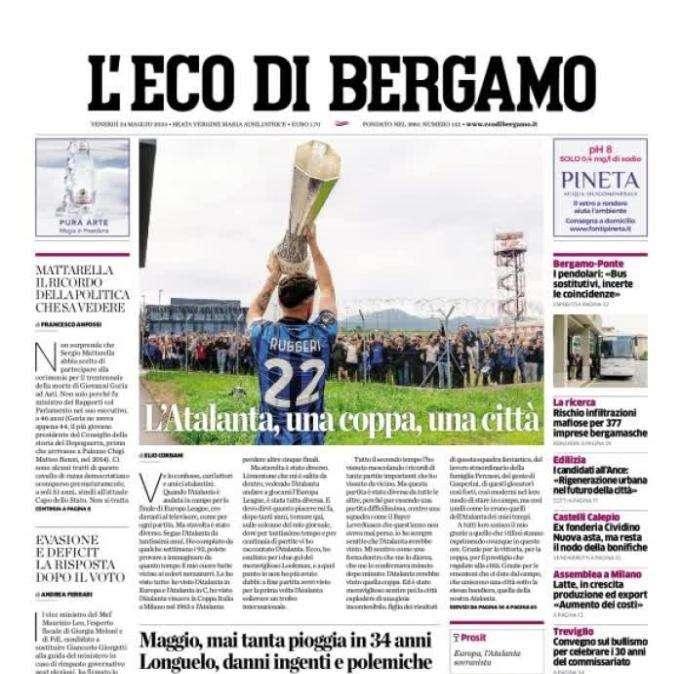 L'Atalanta conquista l'Europa League, L'Eco di Bergamo: "Una coppa, una città"