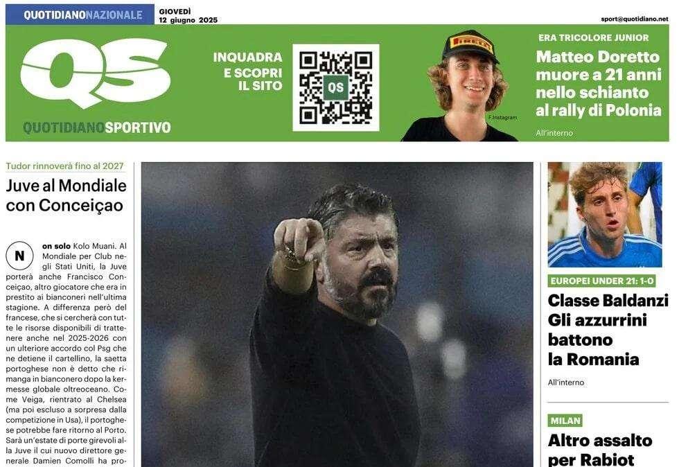 PRIMA PAGINA - QS Quotidiano Sportivo: "Italia, Gattuso sa la strada"