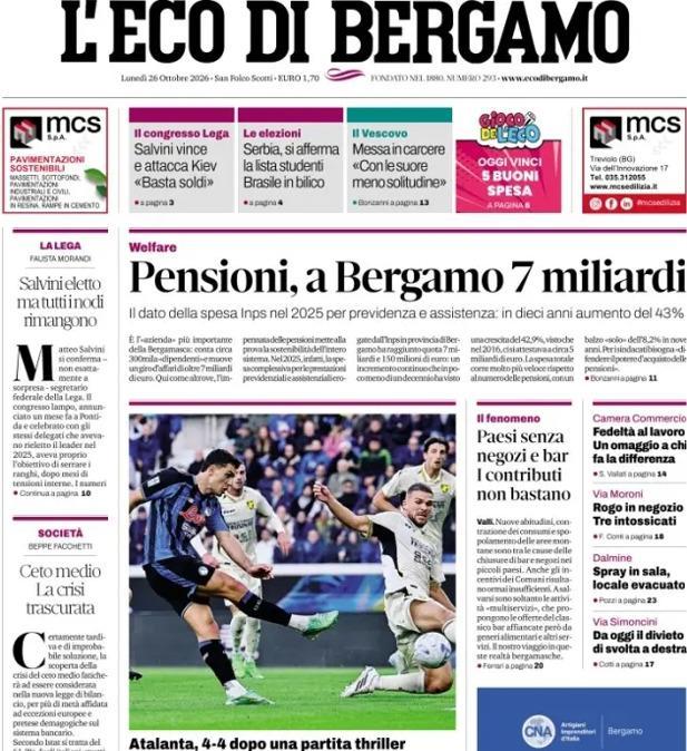PRIMA PAGINA - L'Eco di Bergamo: "Atalanta, 4-4 dopo una partita thriller"