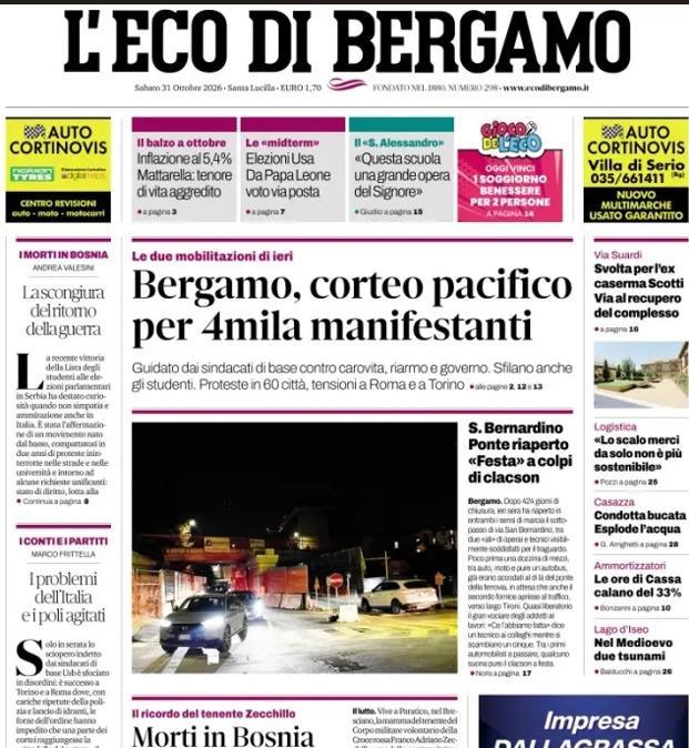 PRIMA PAGINA - L'Eco di Bergamo: "Kristensen e Gaetano fuori fino alla sosta"