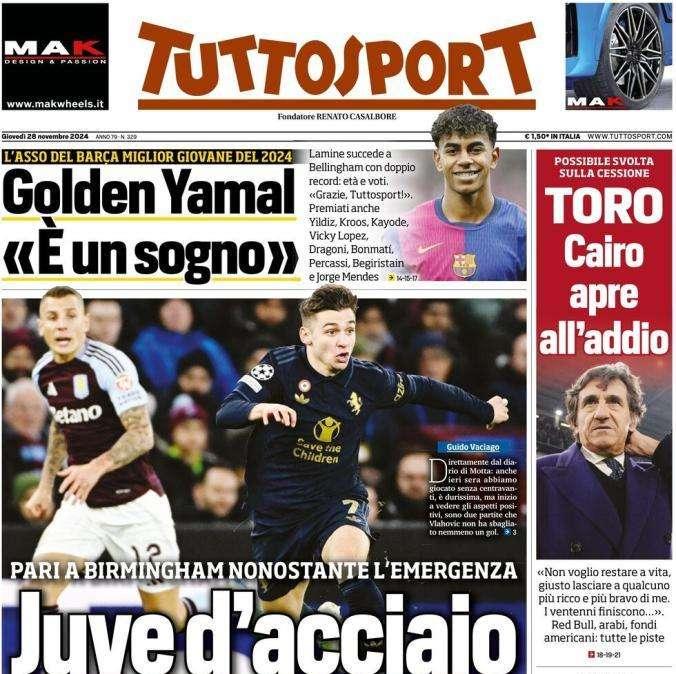 Tuttosport in prima pagina: "Juve d'acciaio". 0-0 dei bianconeri con l'Aston Villa