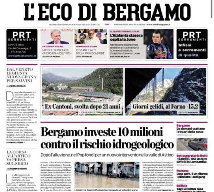 L'Eco di Bergamo titola in prima pagina: "L'Atalanta stasera ospita la Juve"