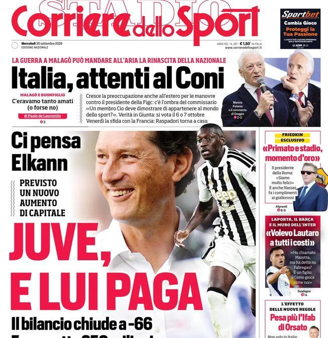 PRIMA PAGINA - Corriere dello Sport: "Juve, e lui paga"
