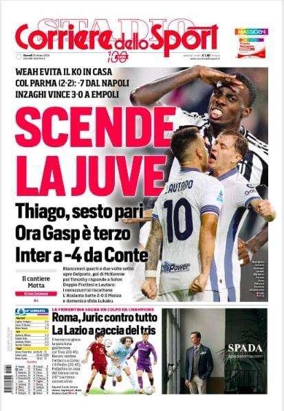 La prima pagina del Corriere dello Sport: "Scende la Juve: sesto pari. Inter a -4 da Conte"