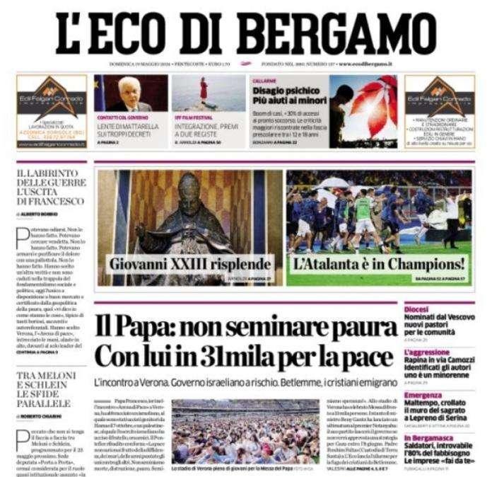 L'Eco di Bergamo in prima pagina celebra la Dea: "L'Atalanta è in Champions!"