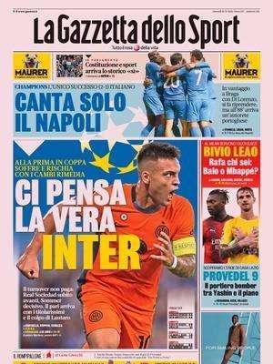 La prima pagina de La Gazzetta dello Sport sul pari nerazzurro: "Ci pensa la vera Inter"