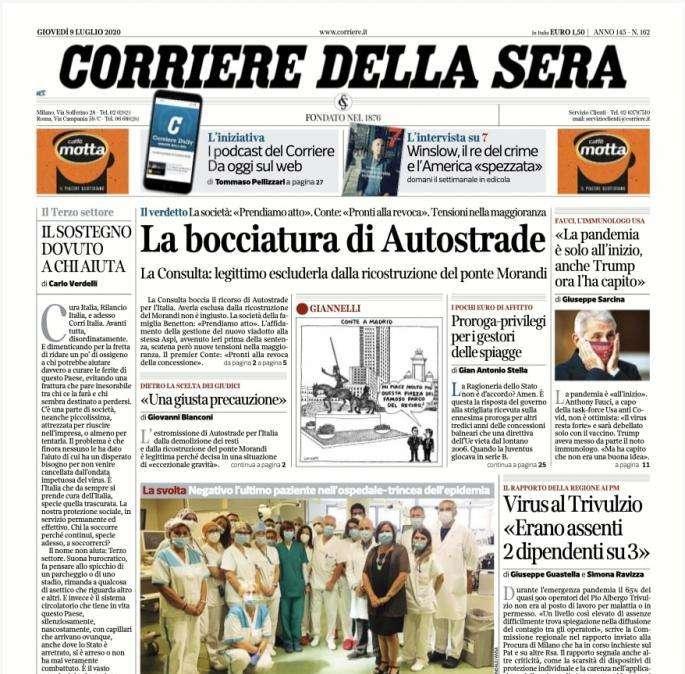 L'apertura del Corriere della Sera: "La bocciatura di Autostrade"