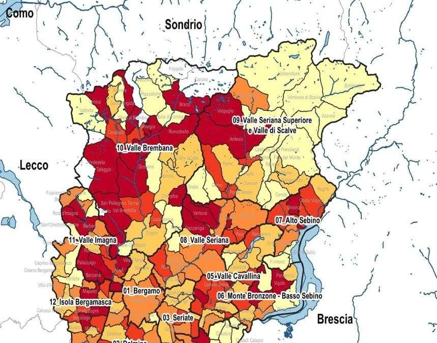 Gli incrementi dei nuovi casi, comune per comune, negli ultimi 7gg nella Bergamasca