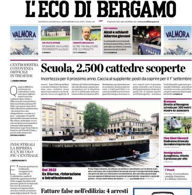 L'apertura de L'Eco di Bergamo: "Scuola, 2.500 cattedre scoperte"
