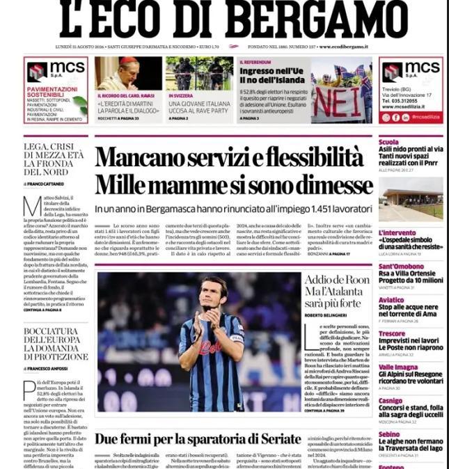 PRIMA PAGINA - L'Eco di Bergamo: "Addio de Roon. Ma l'Atalanta sarà più forte"