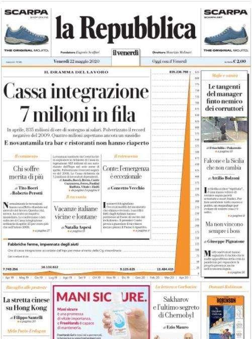 L'apertura de La Repubblica: "Cassa integrazione, 7 milioni in fila"