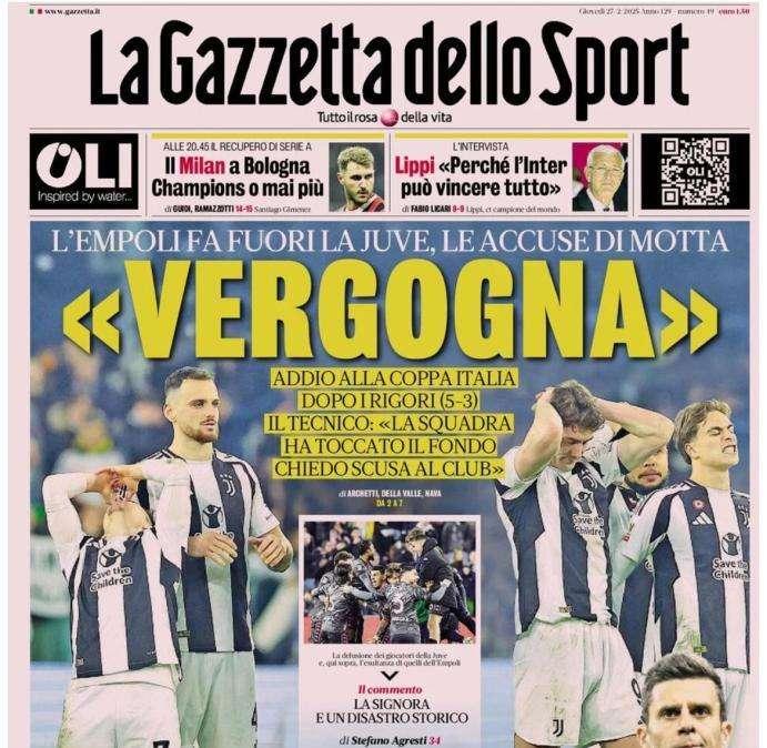 Furia Motta dopo l'eliminazione in Coppa Italia. La Gazzetta dello Sport lo cita: "Vergogna"