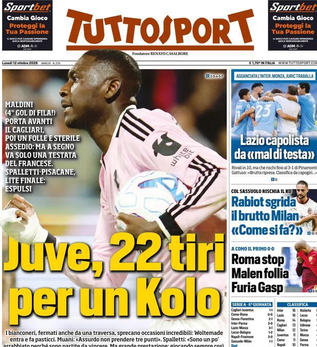 PRIMA PAGINA - Tuttosport: "Juve, 22 tiri per un Kolo"