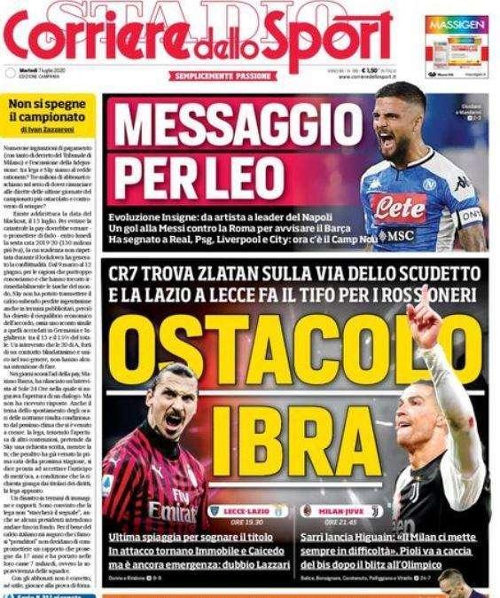 L'apertura del Corriere dello Sport su Milan-Juve: "Ostacolo Ibra"