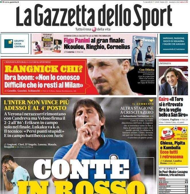 La Gazzetta dello Sport in apertura sull'Inter: "Conte in rosso"