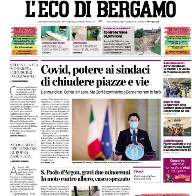 L'Eco di Bergamo: "Covid, potere ai sindaci di chiudere piazze e vie"