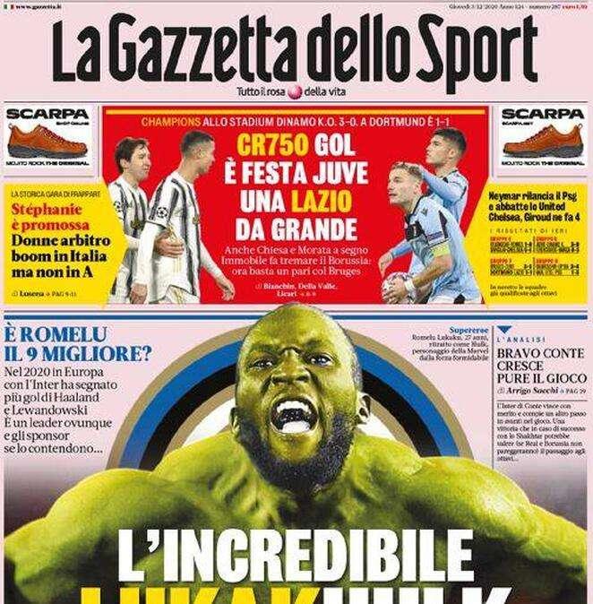 PRIMA PAGINA - La Gazzetta dello Sport: "CR750, l'Incredibile Lukakhulk"