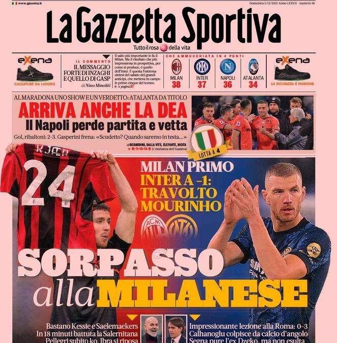 La Gazzetta dello Sport in taglio alto: "Arriva anche la Dea, il Napoli perde partita e vetta"