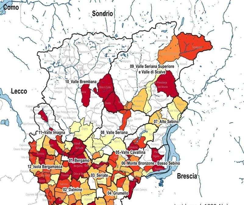 ULTIM'ORA - Gli incrementi dei nuovi casi, comune per comune, negli ultimi 7gg nella Bergamasca. 107 Comuni con zero casi 