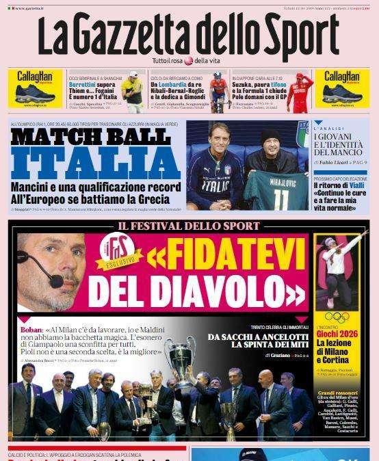 Prime pagine - "Match ball Italia", "Forza Verdi!", "Italia, vinci anche per loro"