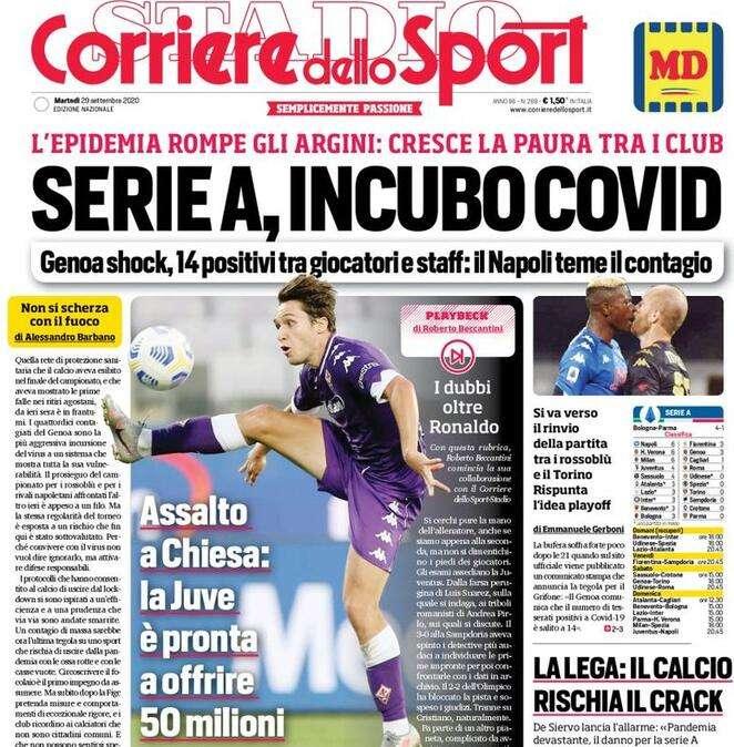 PRIMA PAGINA - Corriere dello Sport: "Serie A, incubo Covid. Genoa shock, 14 positivi"