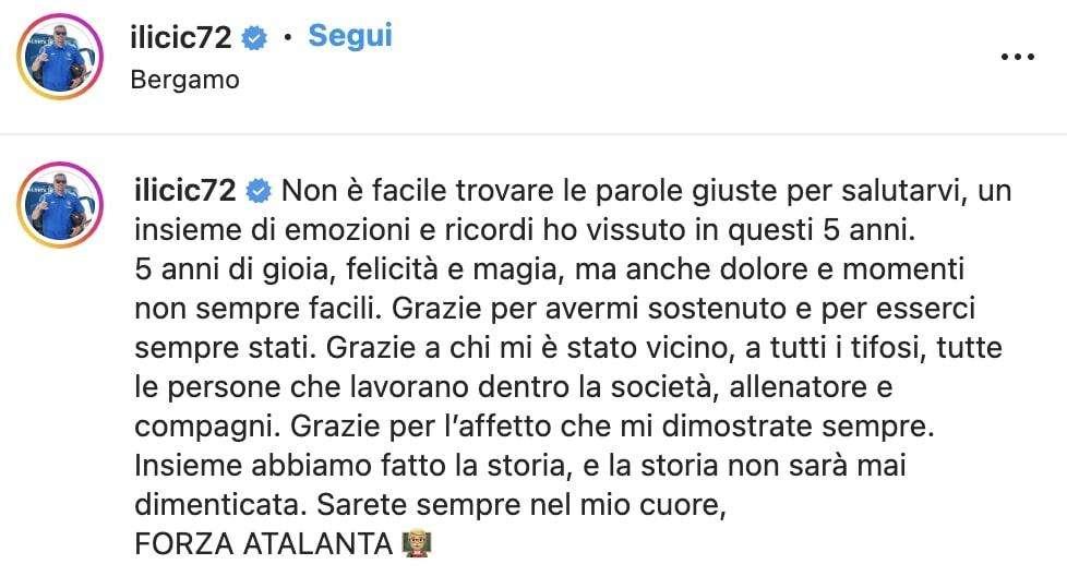 Il saluto di Ilicic: "Grazie a tutti, in cinque anni meravigliosi abbiamo scritto insieme la storia. Sarete sempre nel mio cuore" 