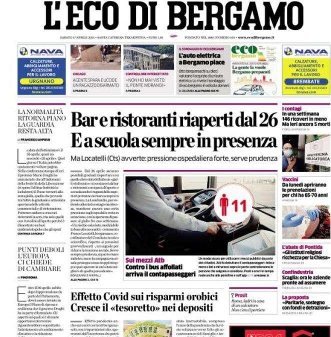 L'apertura de L'Eco di Bergamo: "Bar e ristoranti riaperti dal 26. E a scuola sempre in presenza"