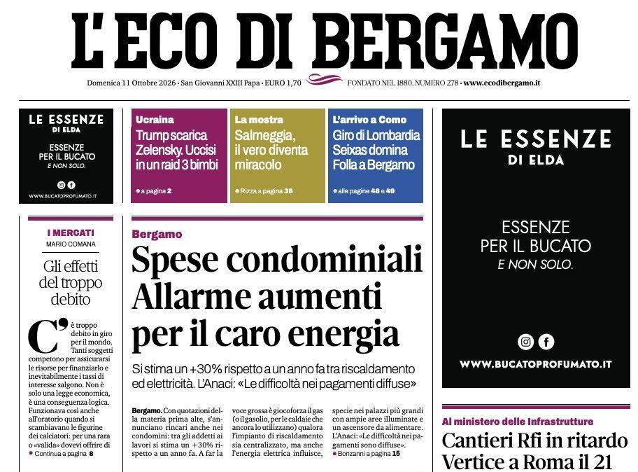 PRIMA PAGINA – L'Eco di Bergamo: "Spese condominiali Allarme aumenti per il caro energia"