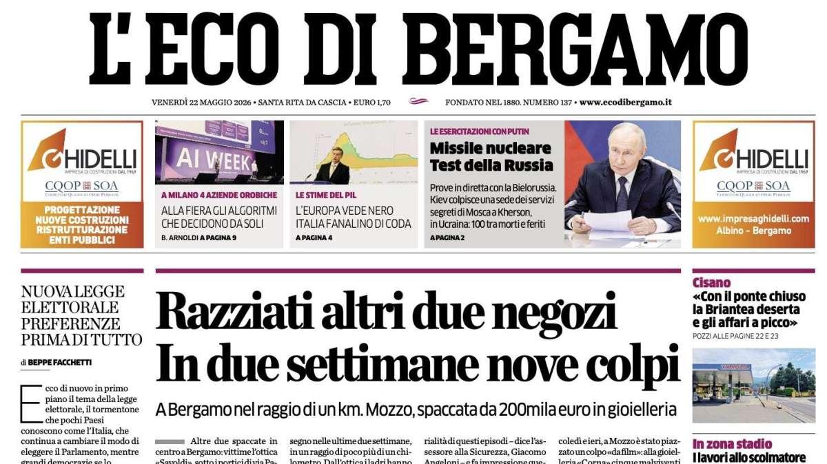 PRIMA PAGINA – L'Eco di Bergamo: "Atalanta, a Firenze l'ultima stagionale. Palladino ai saluti"