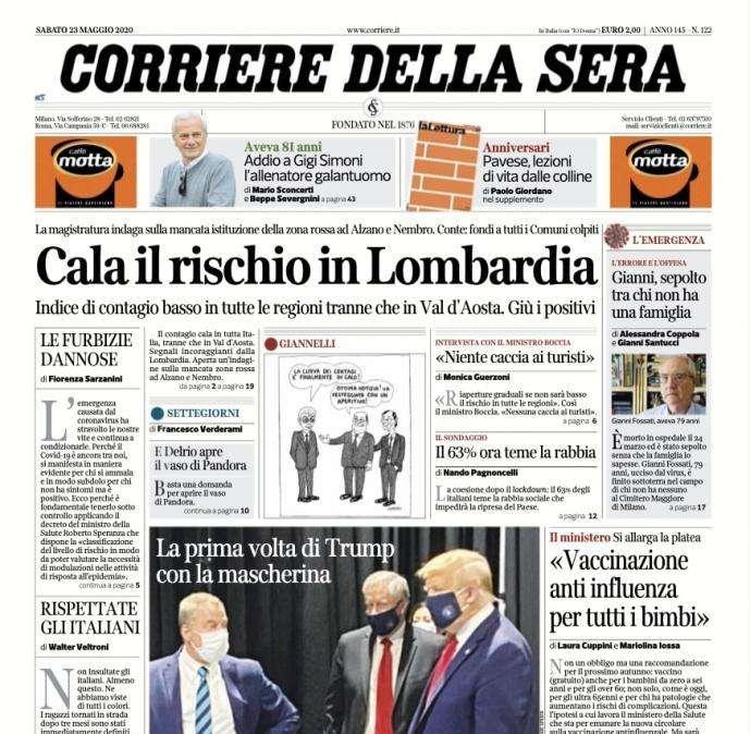 L'apertura del Corriere della Sera: "Cala il rischio in Lombardia"