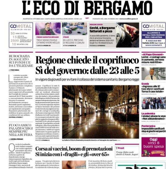 L'Eco di Bergamo: "Regione chiede il coprifuoco. Sì del governo: dalle 23 alle 5"