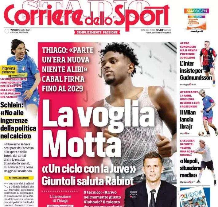 Il Corriere dello Sport in prima pagina apre sulla Juventus: "La voglia Motta"
