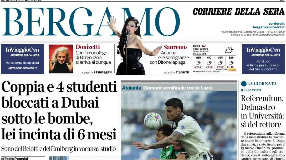 PRIMA PAGINA - Corriere di Bergamo: "Atalanta, Coppa Italia scorciatoia per l'Europa"