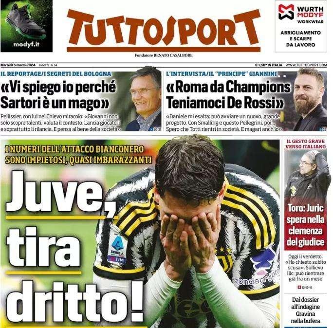 Tuttosport in apertura sui numeri impietosi dell'attacco bianconero: "Juve, tira dritto"