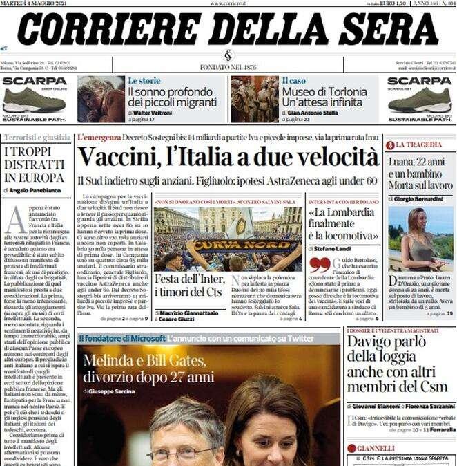 Corriere della Sera: "Vaccini, l'Italia a due velocità"