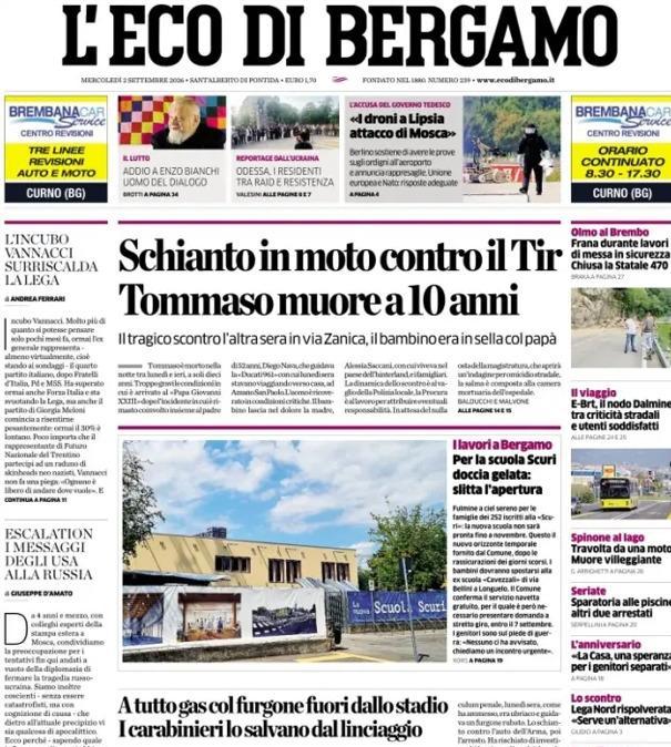PRIMA PAGINA - L'Eco di Bergamo: "Mercato, gran finale Rowe dal Bologna è l'acquisto record"