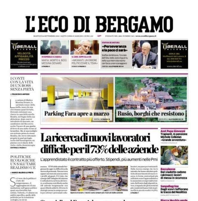 La prima pagina de L'Eco di Bergamo dedicata all'Atalanta: "Numeri confortanti tra attacco e difesa"