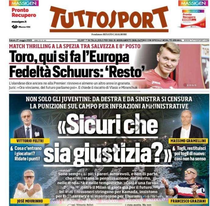 L'apertura di Tuttosport: "Sicuri che sia giustizia?". Juve, pareri autorevoli contro il -10