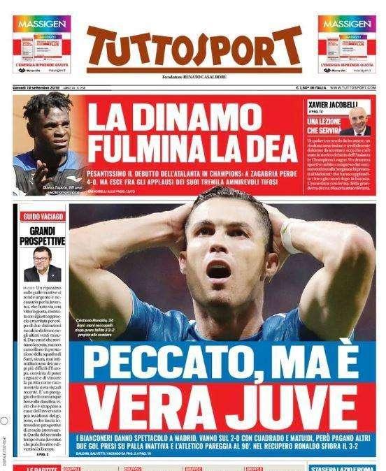 L'apertura di Tuttosport: "La Dinamo fulmina la Dea".