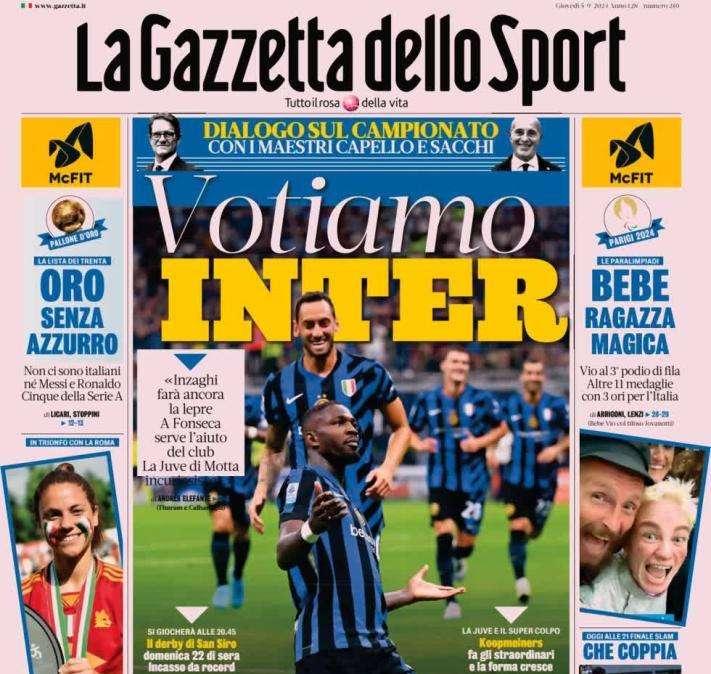 La Gazzetta dello Sport in prima pagina con Capello e Sacchi: "Inter favorita per lo Scudetto"
