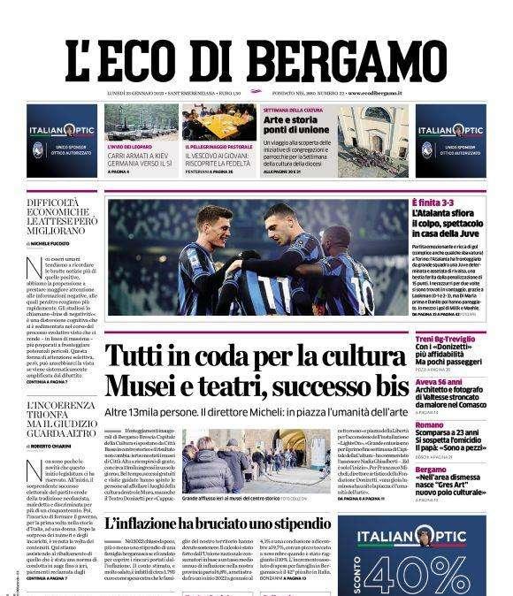 L'Eco di Bergamo in apertura: "L’Atalanta sfiora il colpo, spettacolo in casa della Juve"