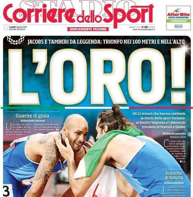 L'apertura del Corriere dello Sport su Tamberi e Jacobs: "L'oro!"