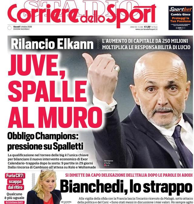 PRIMA PAGINA - Corriere dello Sport: "Juve, spalle al muro"