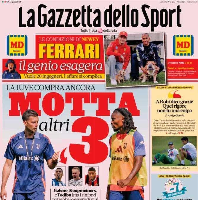 La Juve compra ancora, La Gazzetta dello Sport in apertura: "Motta, altri 3"