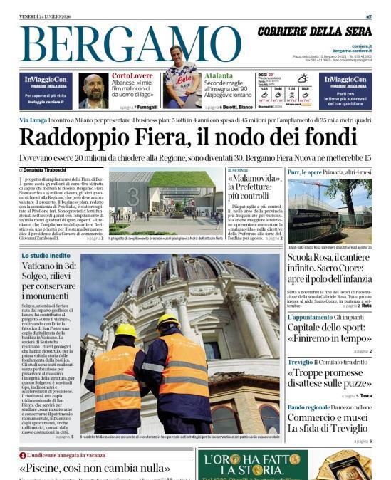 PRIMA PAGINA - Corriere di Bergamo: "Seconde maglie all'insegna dei '90. Alajbegovic lontano"
