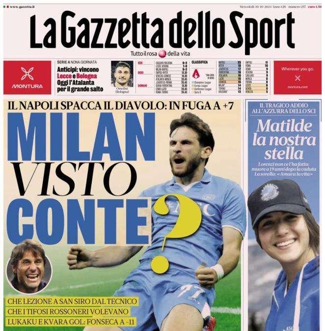 Il Napoli batte il Milan 0-2. L'apertura de La Gazzetta dello Sport: "Milan, visto Conte?"