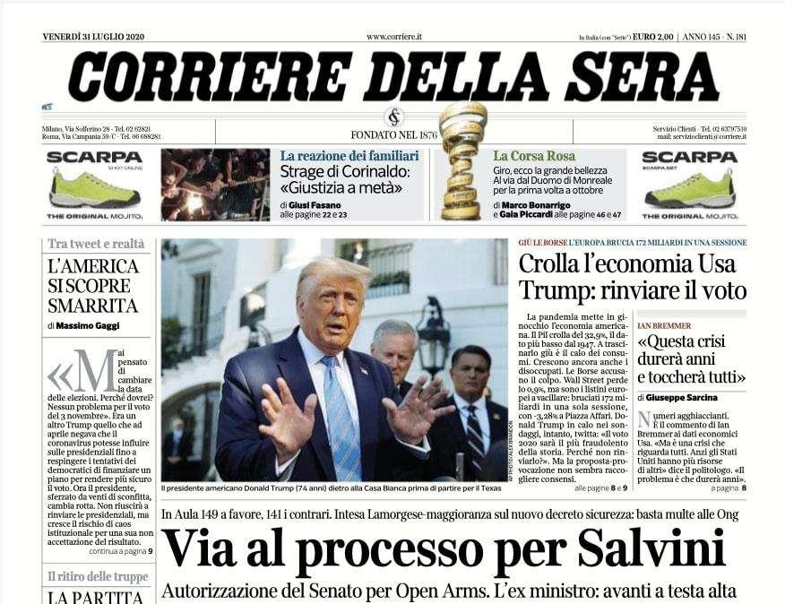 Corriere della Sera in apertura: "Via al processo per Salvini"