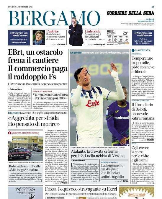 PRIMA PAGINA - Corriere di Bergamo:  "Atalanta, la crescita si ferma: perde 3-1 nella nebbia di Verona"