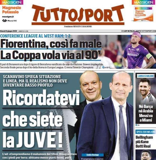 Tuttosport in apertura: "Fiorentina, così fa male. La Coppa vola via al 90'"