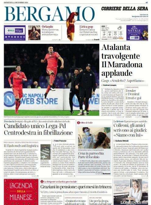 Corriere di Bergamo dopo il 3-2 di Napoli: "Atalanta travolgente, il Maradona applaude"